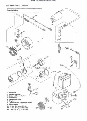 Kawasaki Bayou KLF300 Motorcycle Service Manual sample page with technical illustrations