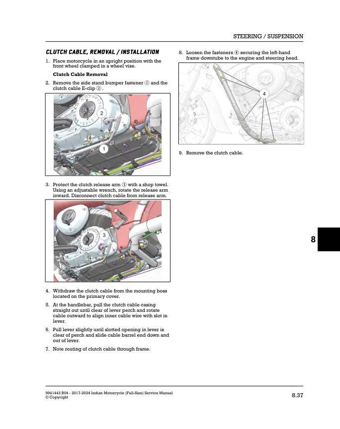 Indian Chief Chieftain Roadmaster Springfield Full Size Motorcycle sample page with technical illustrations