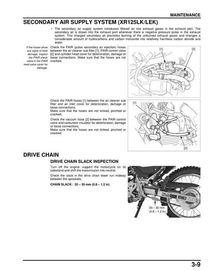 Honda XL125 XR125 XR150 Motorcycle Service Manual sample page with diagrams and specifications