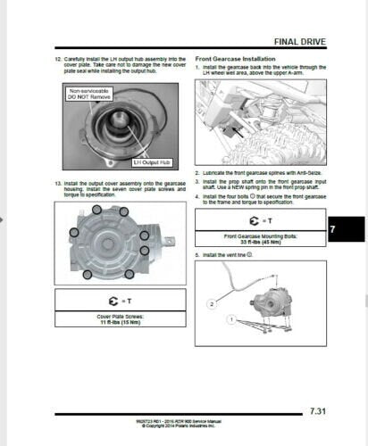 Polaris RZR 900 EPS S XC UTV Service Manual sample page with diagrams and specifications