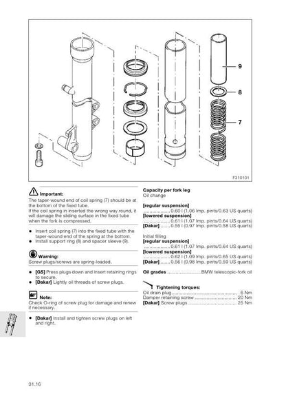 BMW F 650 GS Dakar Motorcycle Service Manual sample page with technical illustrations