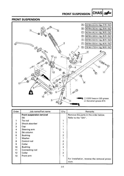 Yamaha SRX 600 700 Snowmobile Service Manual sample page with diagrams and specifications