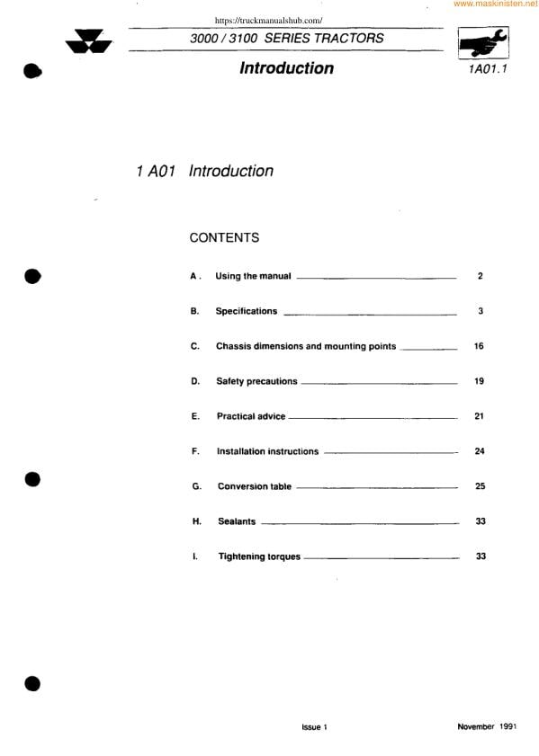 Massey Ferguson MF 3050 3060 3065 Tractor Service Manual table of contents