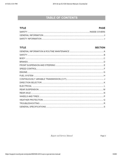 EZGO Fleet Freedom Shuttle TXT Gas Golf Cart Service Manual table of contents
