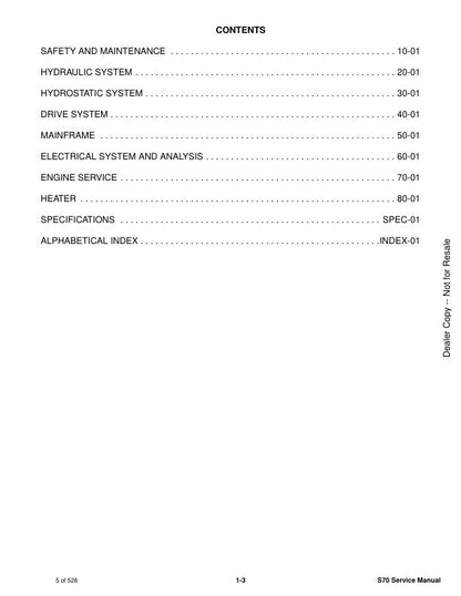 Bobcat S70 Skid Steer Loader Service Manual table of contents
