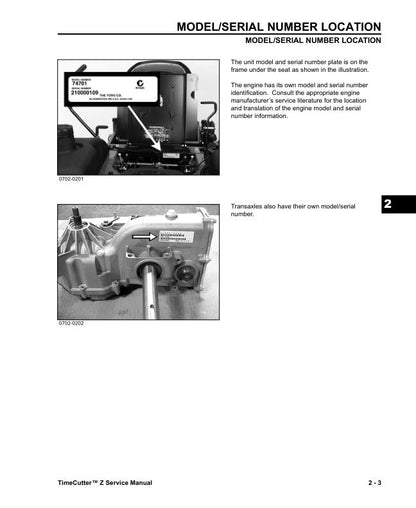 Toro TimeCutter Z16 Z17 Z18 ZX17K Mower Service Manual sample page with diagrams and specifications