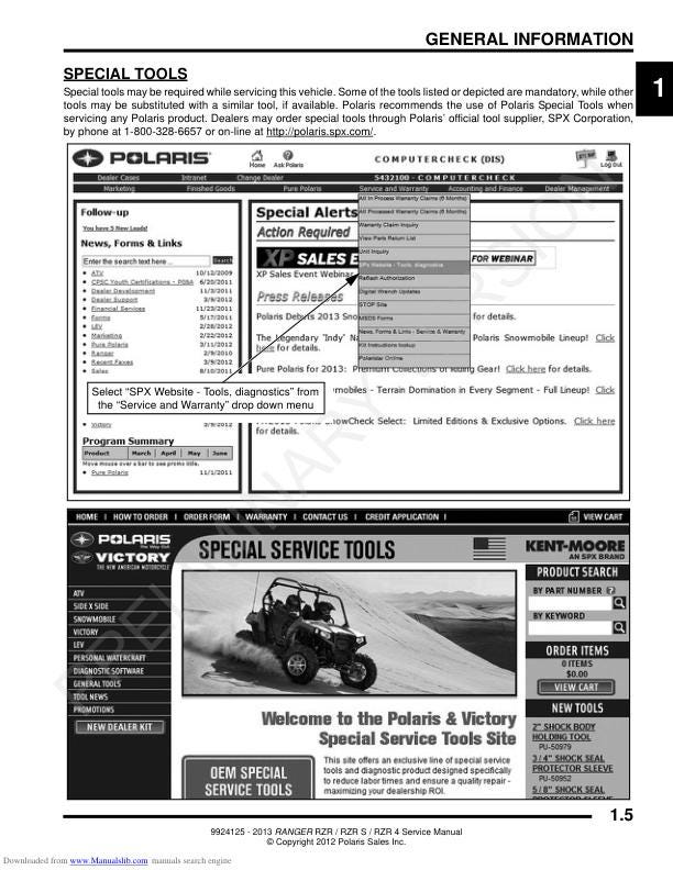 Polaris RZR Ranger 800 RZR-S RZR-4 UTV Service Manual sample page with diagrams and specifications