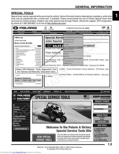 Polaris RZR Ranger 800 RZR-S RZR-4 UTV Service Manual sample page with diagrams and specifications