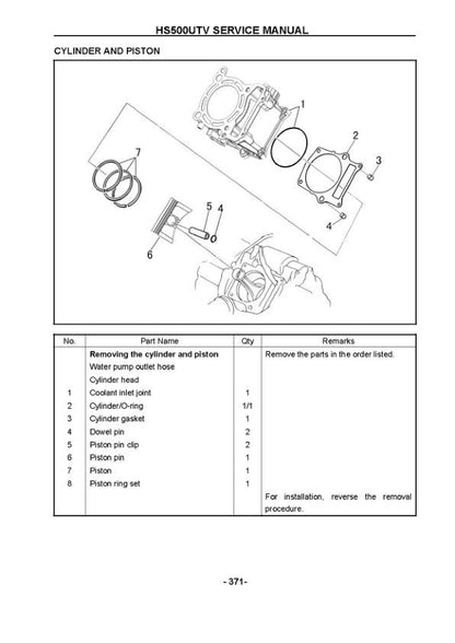 HiSun HS700 HS600 HS500 UTV Service Manual sample page with service data and tables