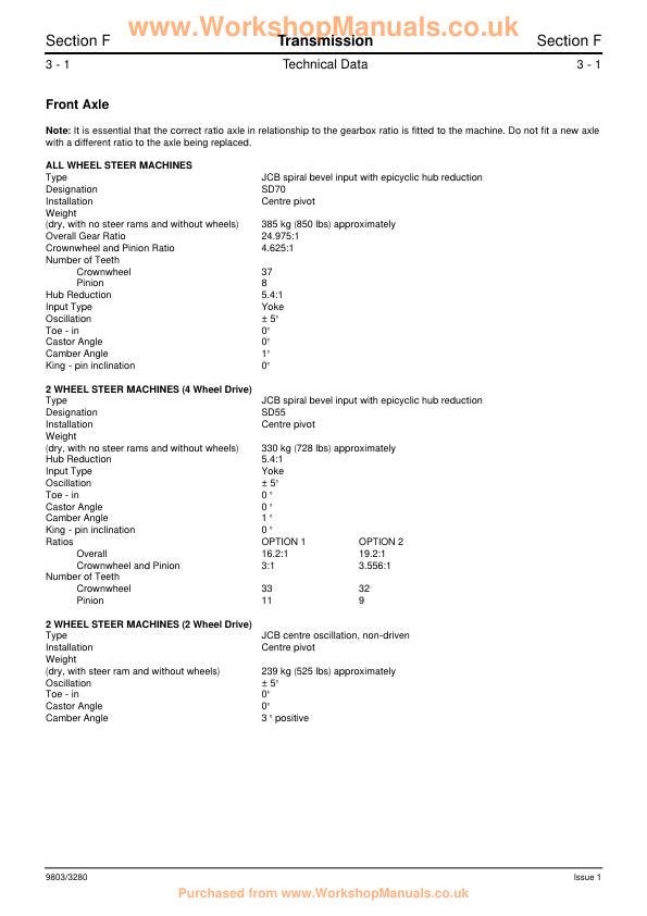 JCB 3CX 4CX 214e 214 215 217 Backhoe Loader Service Manual sample page with service data and tables
