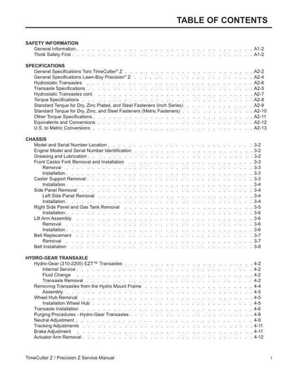 Toro Lawnboy Timecutter Z Series Precision Mower Service Manual table of contents