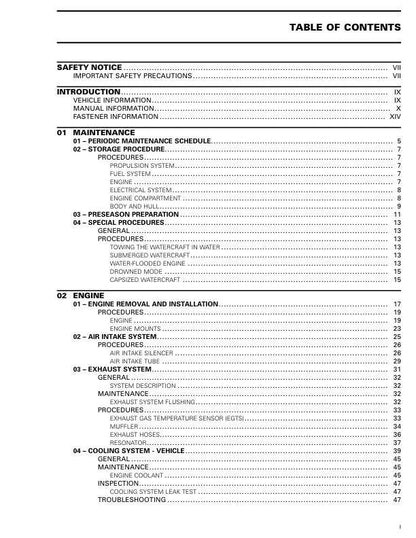 Sea-Doo RXP Service Manual table of contents