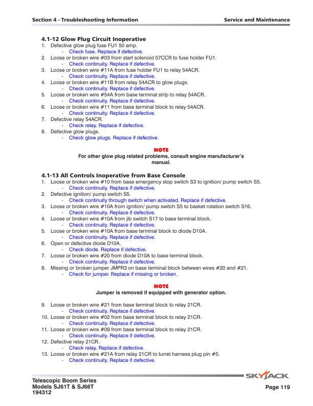 Skyjack SJ61T SJ66T Telescopic Boom Service Manual sample page with service data and tables