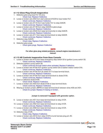 Skyjack SJ61T SJ66T Telescopic Boom Service Manual sample page with service data and tables