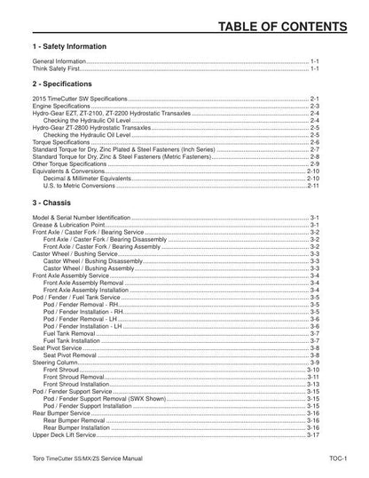 Toro SW SWX 3200 4200 5000 Tractor Service Manual table of contents