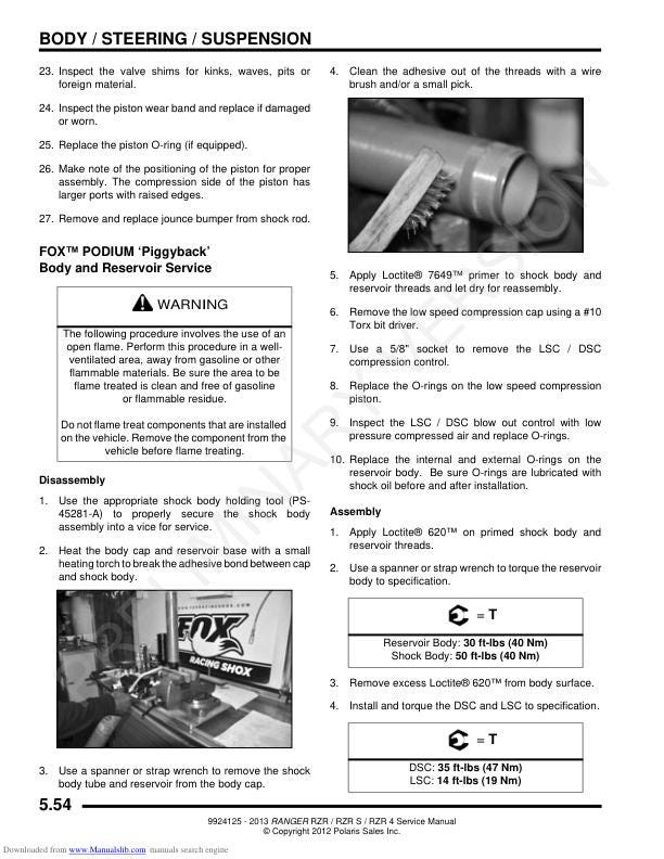 Polaris RZR Ranger 800 RZR-S RZR-4 UTV Service Manual sample page with service data and tables