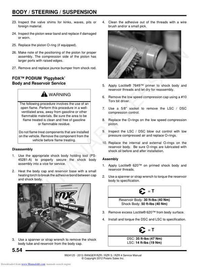 Polaris RZR Ranger 800 RZR-S RZR-4 UTV Service Manual sample page with service data and tables