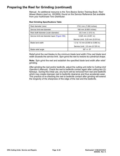 Toro Reelmaster 3100 3105 D Mower Service Manual sample page with service data and tables