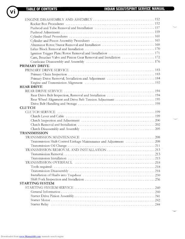 Indian Scout Centennial Springfield Deluxe Motorcycle Service Manual sample page showing repair procedures