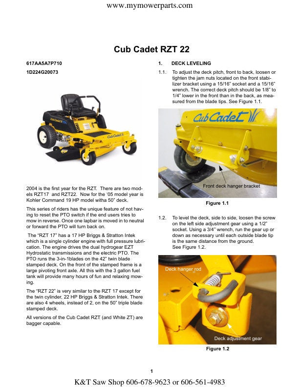 Cub Cadet RZT  Zero Turn Mower Service Manual sample page with diagrams and specifications