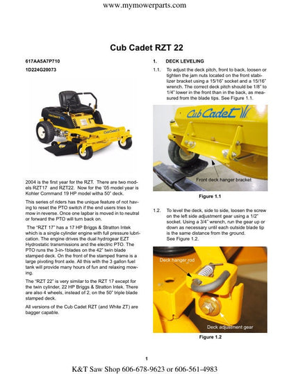 Cub Cadet RZT  Zero Turn Mower Service Manual sample page with diagrams and specifications