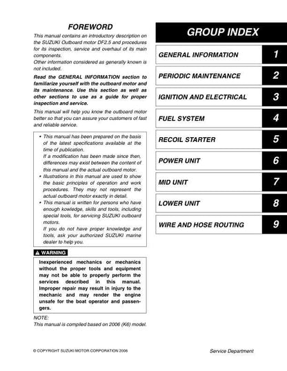 Suzuki DF 2.5 Outboard Service Manual table of contents