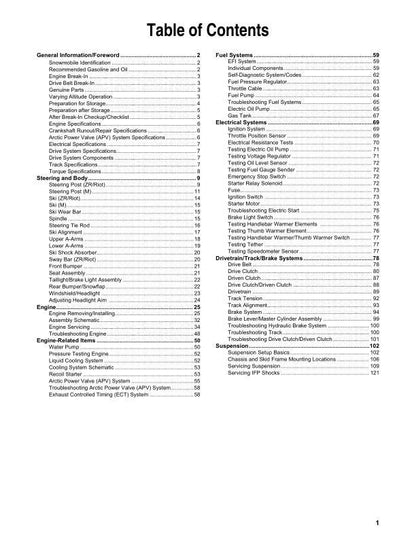 Arctic Cat ZR R-XC Riot M 600 Catalyst Snowmobile Service Manual table of contents