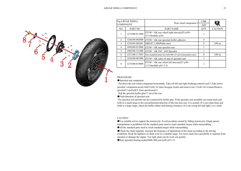Zontes ZT350 GK R S T Euro XV X Motorcycle Service Manual sample page with diagrams and specifications