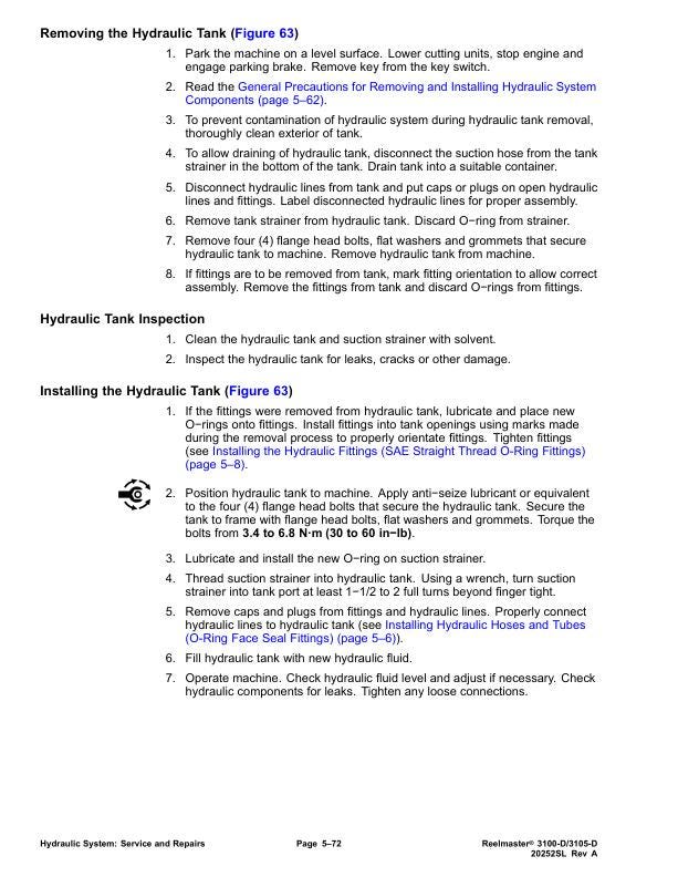 Toro Reelmaster 3100 3105 D Mower Service Manual sample page with diagrams and specifications