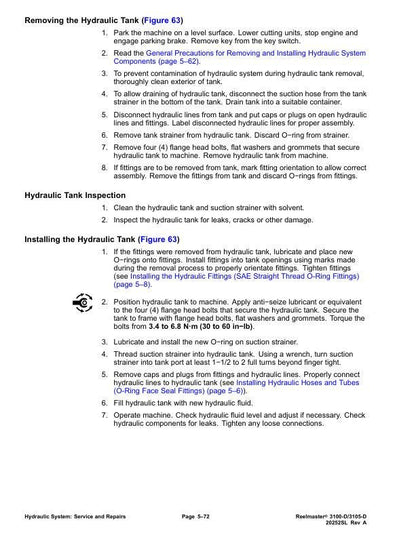 Toro Reelmaster 3100 3105 D Mower Service Manual sample page with diagrams and specifications