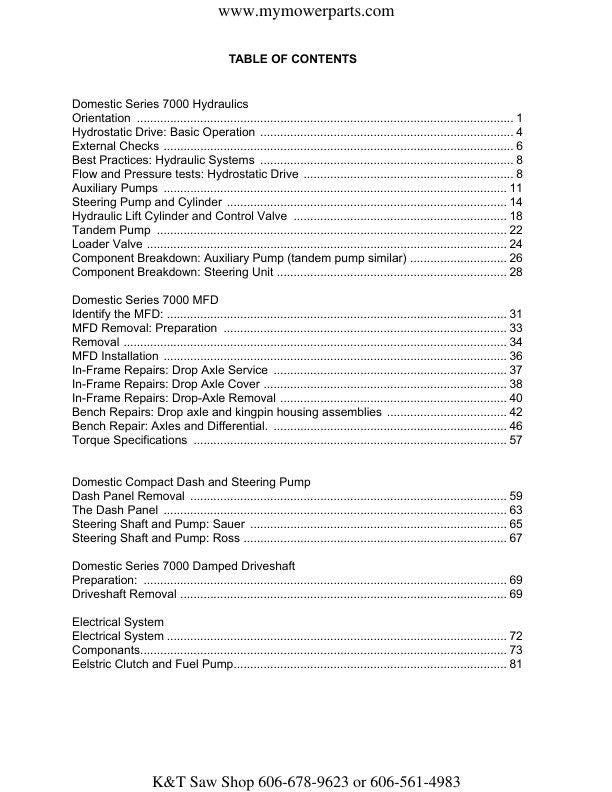 Cub Cadet Domestic 7000 Tractor Service Manual table of contents