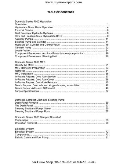 Cub Cadet Domestic 7000 Tractor Service Manual table of contents