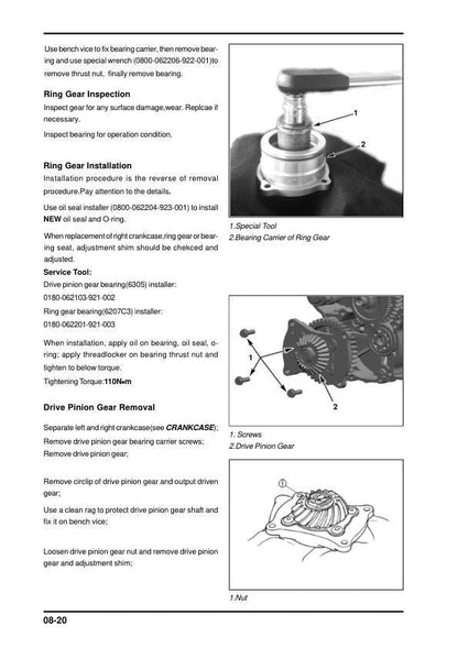 CFMOTO TERRALANDER 800 Service Manual sample page with service data and tables
