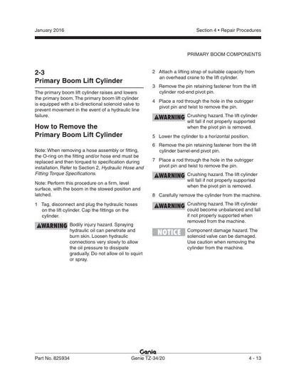 Genie TZ 34 20 Boom Lift Service Manual sample page with diagrams and specifications