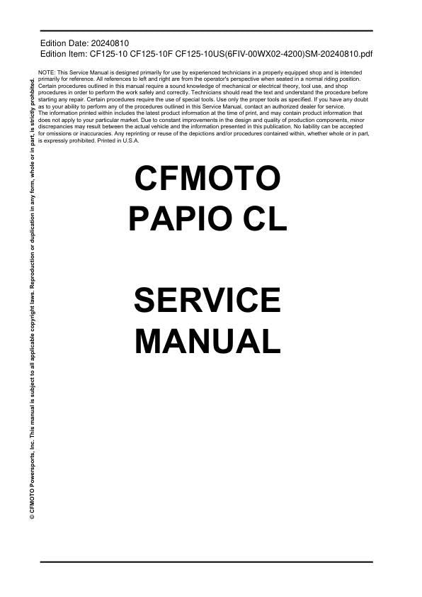 CFMOTO PAPIO CL 125 Service Manual sample page showing schematics and diagrams