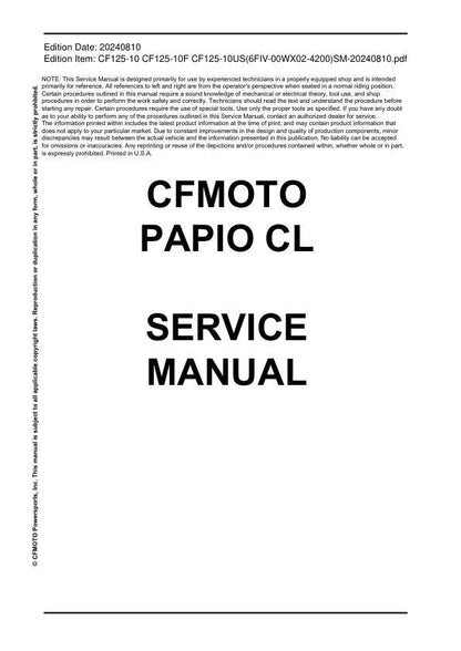 CFMOTO PAPIO CL 125 Service Manual sample page showing schematics and diagrams
