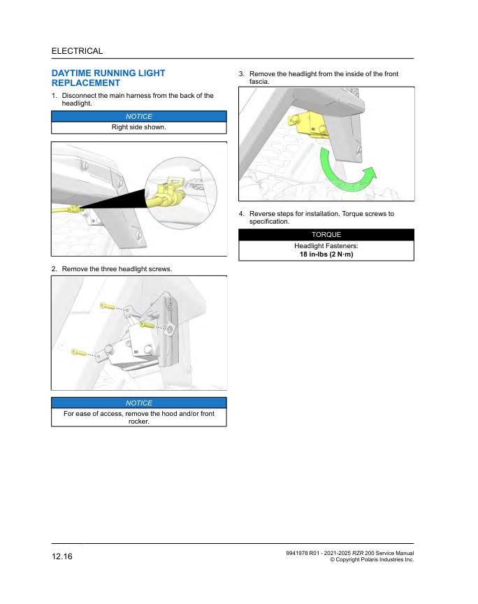 Polaris RZR 200 UTV Service Manual sample page with technical illustrations