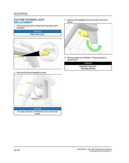 Polaris RZR 200 UTV Service Manual sample page with technical illustrations