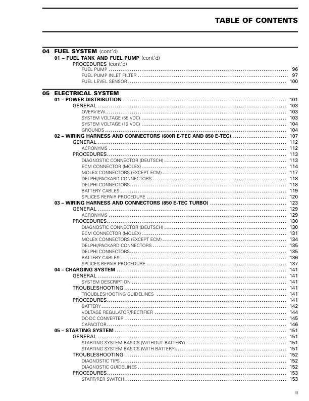 Skidoo Summit & Freeride 850 ETEC Snowmobile Service Manual sample page with diagrams and specifications