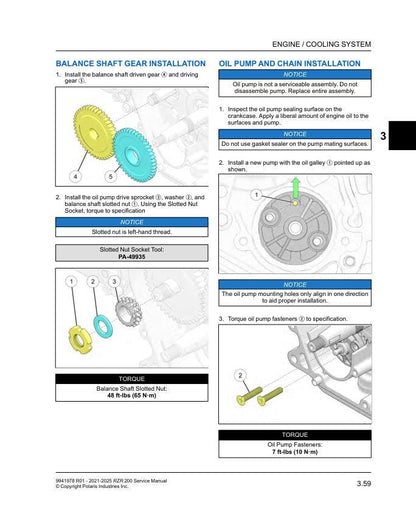 Polaris RZR 200 UTV Service Manual sample page with diagrams and specifications