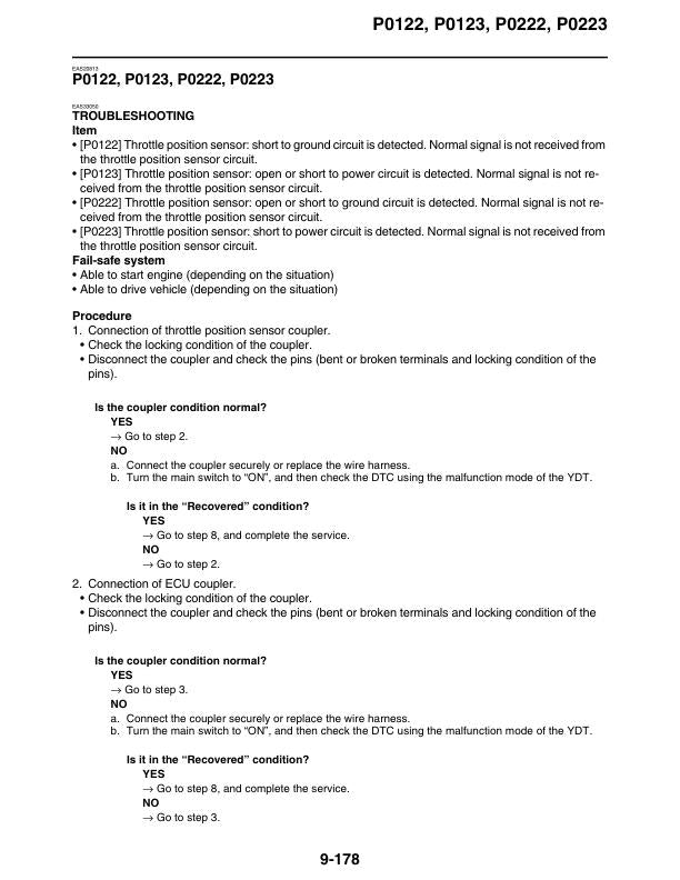Yamaha Tracer 9 GT Motorcycle Service Manual sample page showing repair procedures