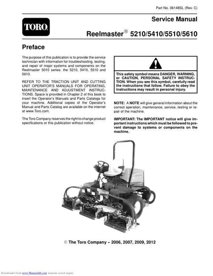 Toro Reelmaster 5210 5410 5510 5610 Mower Service Manual factory service manual title page