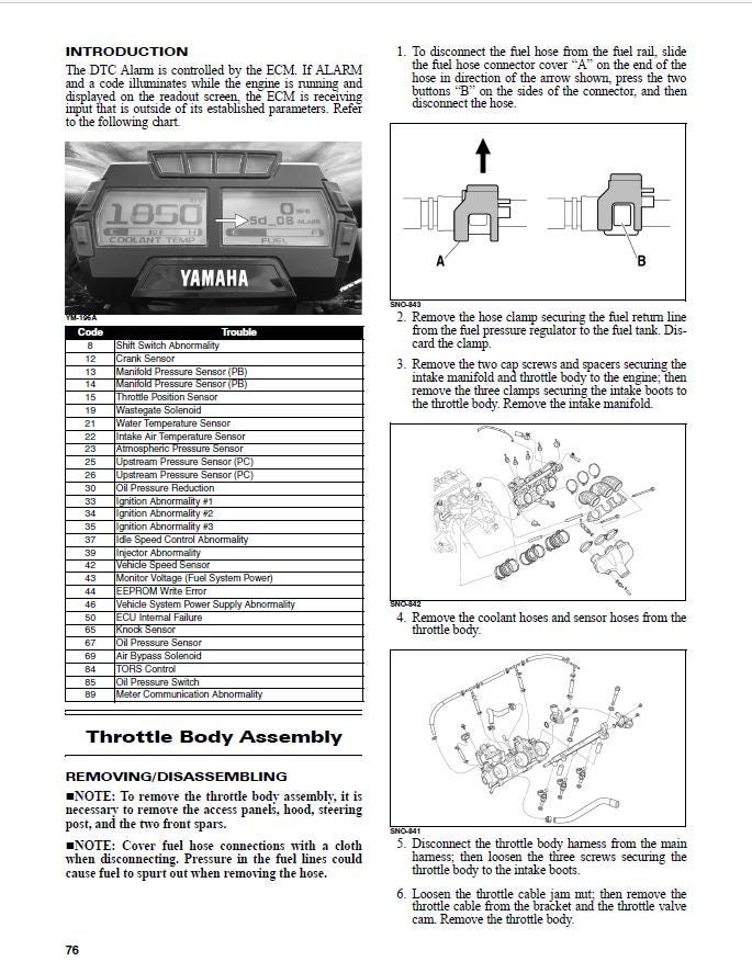 Yamaha Sidewinder Snowmobile Service Manual sample page showing repair procedures