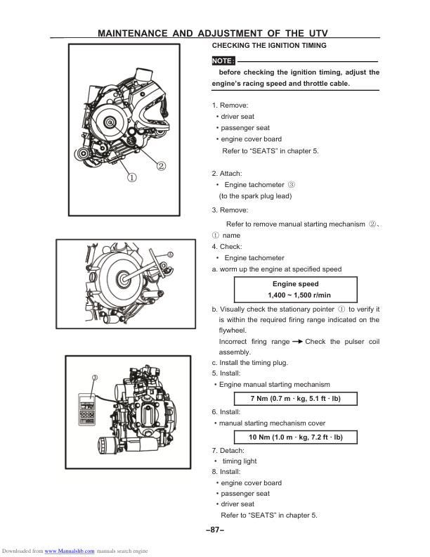 HiSun Strike HS200 HS250 UTV Service Manual sample page showing repair procedures