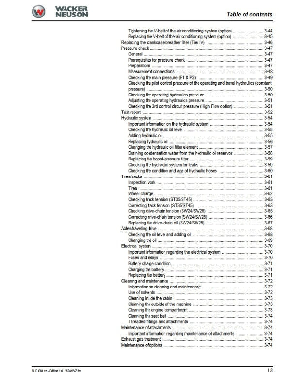 Wacker Neuson SW24 SW28 SW35 SW45 Compact Loader Service Manual sample page with diagrams and specifications