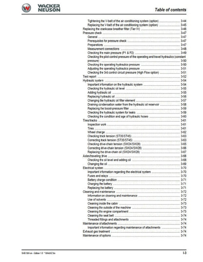 Wacker Neuson SW24 SW28 SW35 SW45 Compact Loader Service Manual sample page with diagrams and specifications