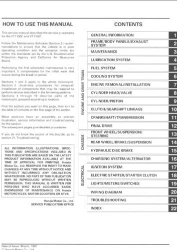 Honda Shadow VT1100 Motorcycle Service Manual table of contents