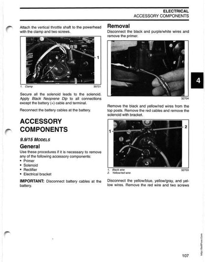 Johnson Evinrude 9.9-30 HP Outboard Service Manual sample page with diagrams and specifications