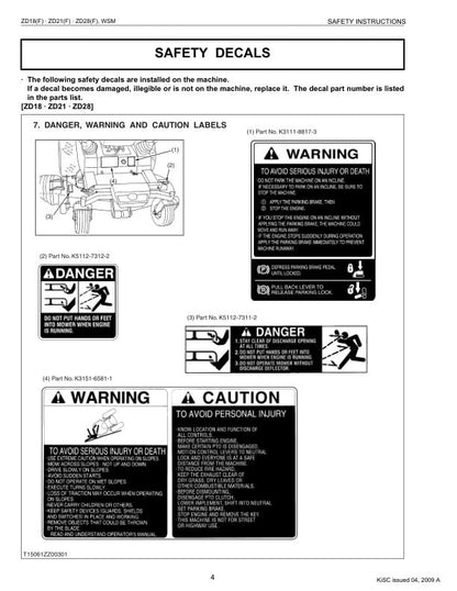 Kubota ZD18 ZD21 ZD25 ZD28 Zero Turn Mower Service Manual sample page with technical illustrations