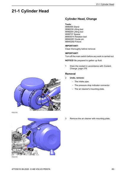 Volvo Penta TAD 540 550 570 580 840 850 870 880 Service Manual sample page showing repair procedures